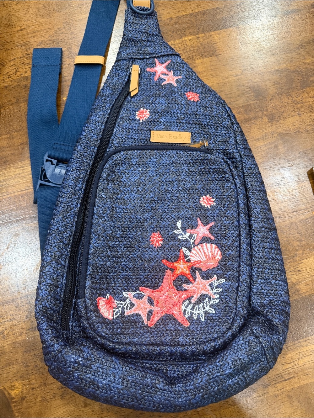 Vera Bradley Navy Crossbody Sling Bag with Coral Embroidery
